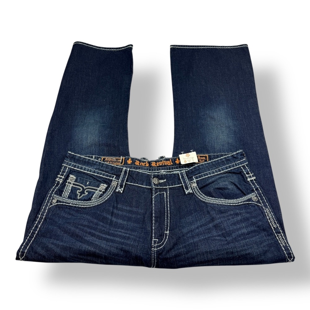 Rock Revival Mens Bruno Boot Cut Jeans Dark Wash White Stitching Size 42x32